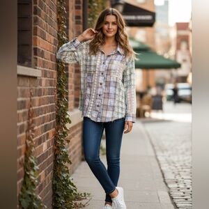 POL Plaid Shirt with Lace Detail Flannel‎ Boho Small Nwot